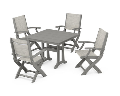 POLYWOOD® Coastal Folding Chair 5-Piece Farmhouse Dining Set With Trestle Legs in Slate Grey / Birch Sling
