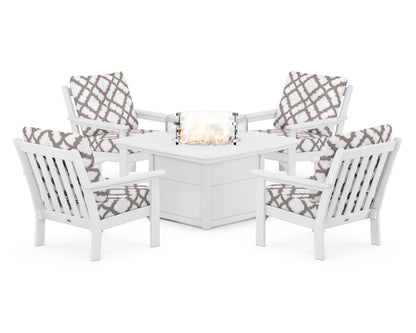 POLYWOOD® Vineyard 5-Piece Conversation Set with Fire Pit Table in White / Trellis Grey Mist