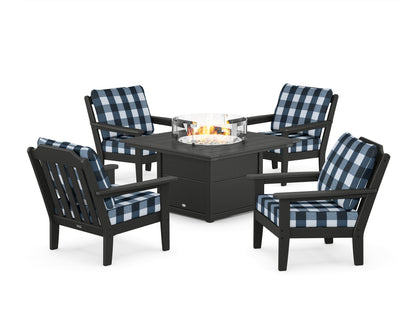 Country Living Cottage 5-Piece Deep Seating Set with Fire Pit Table in Black / Buffalo Plaid Marine Indigo