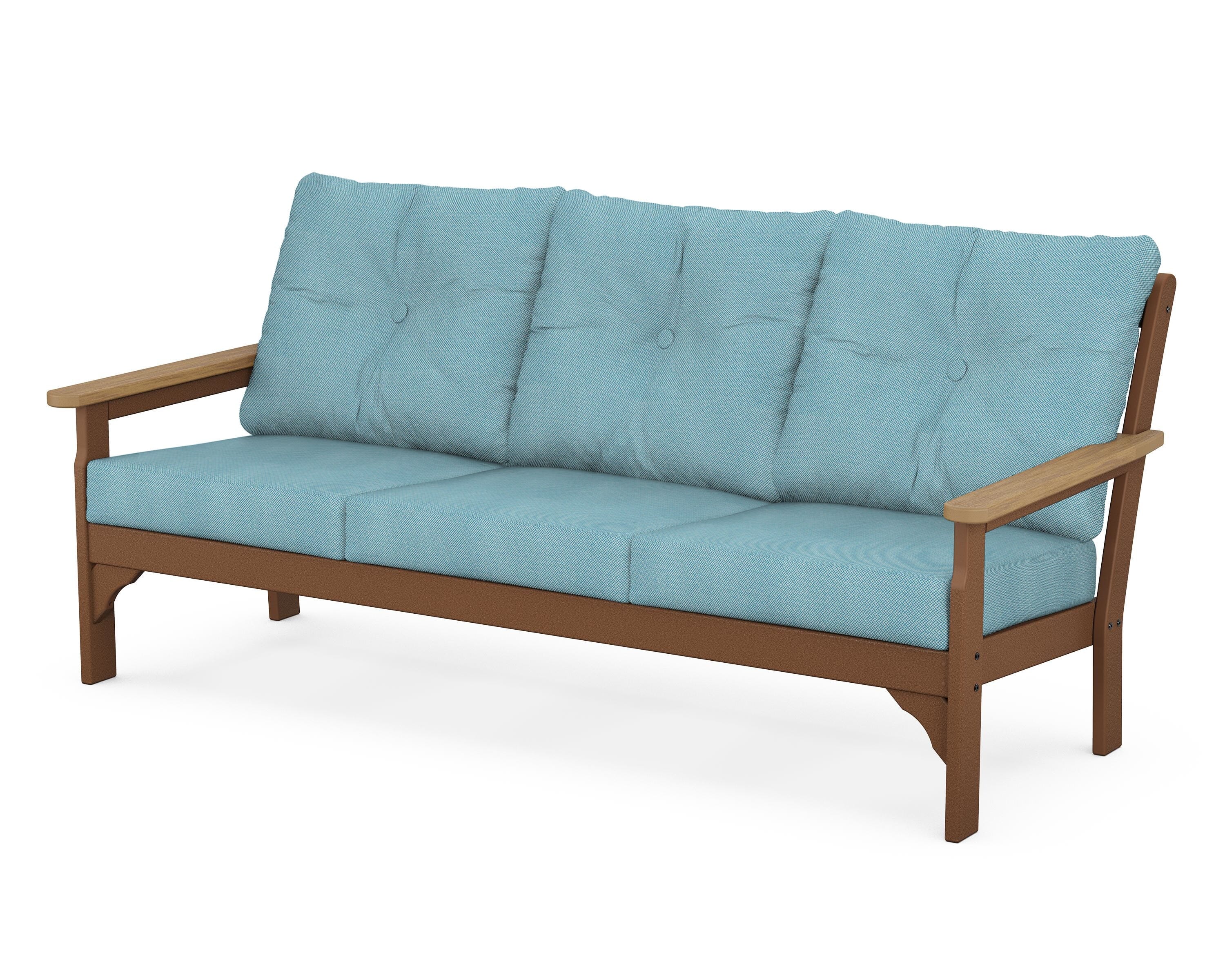 POLYWOOD® Vineyard Deep Seating Sofa in Teak / Natural / Lattice Sky Blue