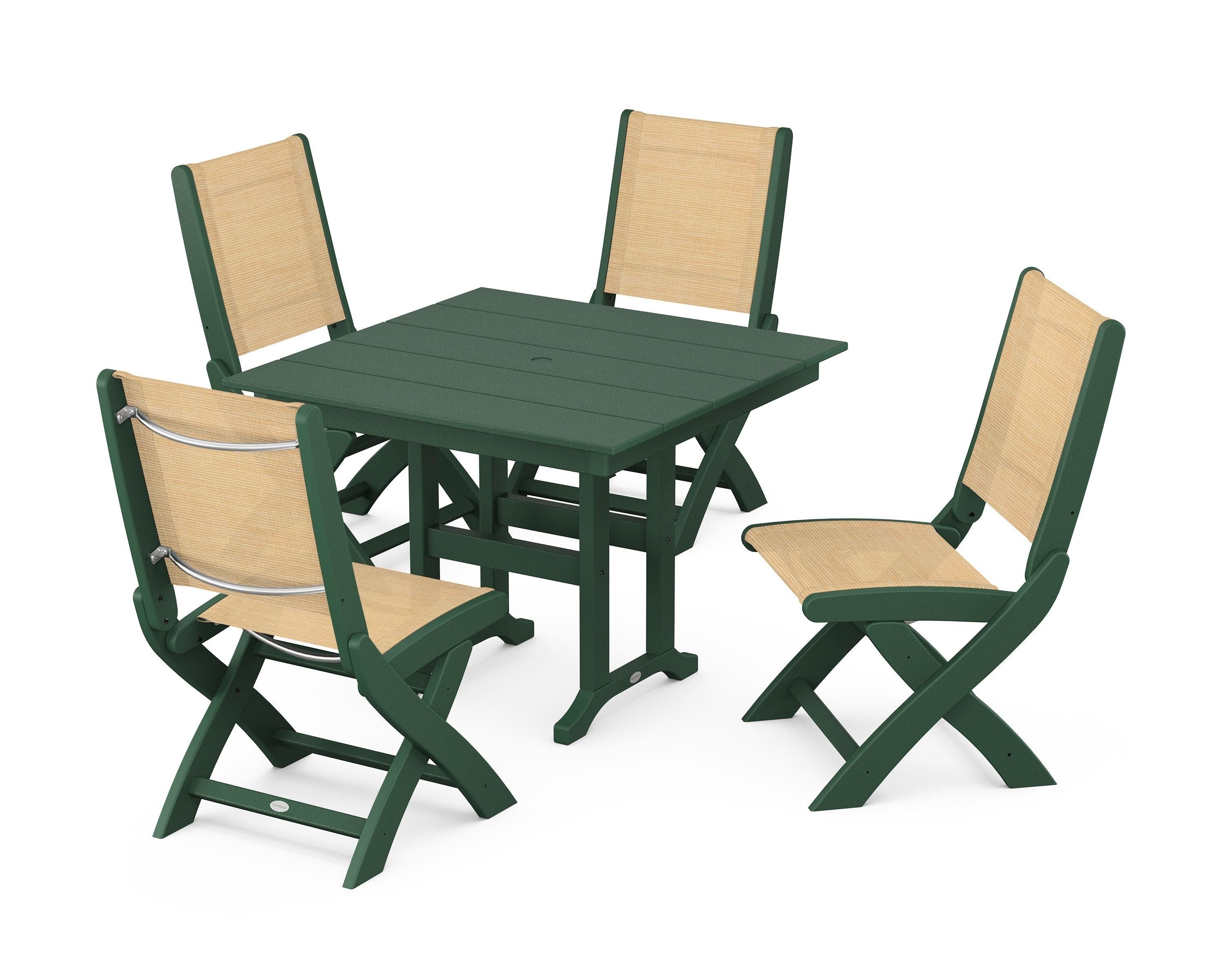 POLYWOOD® Coastal Folding Side Chair 5-Piece Farmhouse Dining Set in Green / Dupioni Apricot Sling