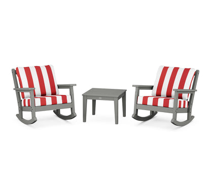 POLYWOOD® Chippendale 3-Piece Deep Seating Rocker Set in Slate Grey / Cabana Stripe Crimson