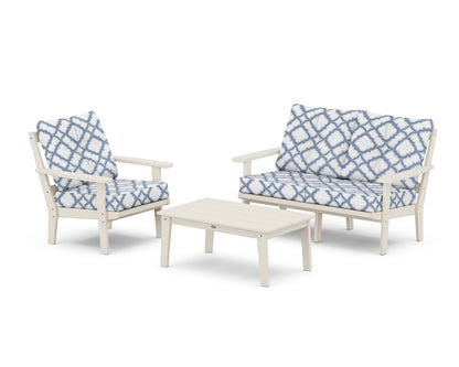 POLYWOOD® Oxford 3-Piece Deep Seating Set with Loveseat in Sand / Trellis Sky Blue