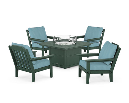 Country Living Cottage 5-Piece Deep Seating Set with Fire Pit Table in Green / Lattice Sky Blue