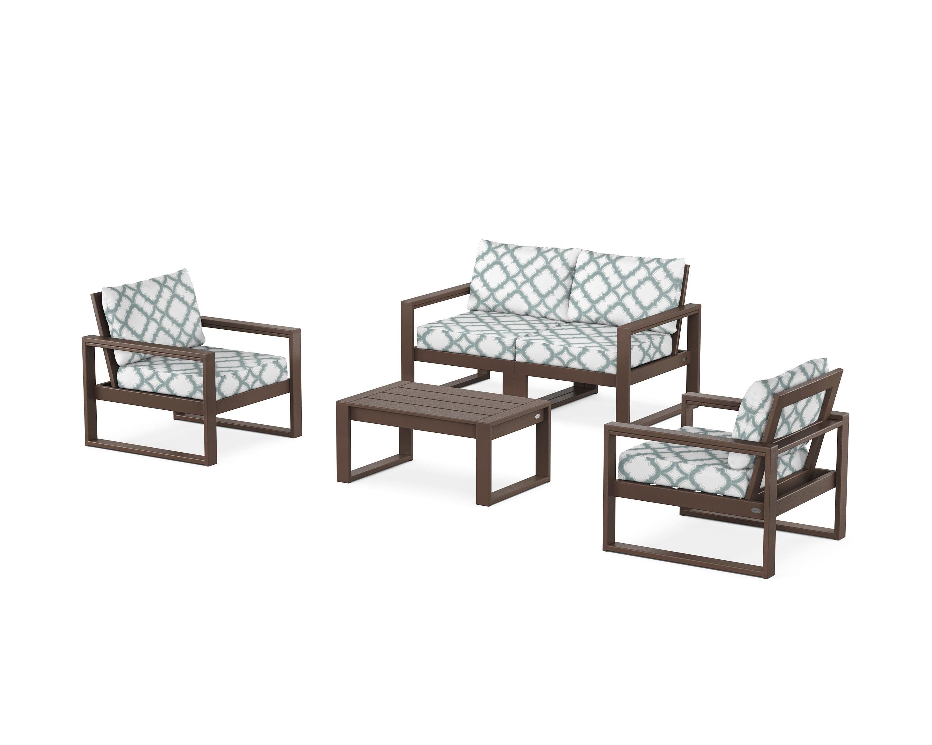 POLYWOOD® EDGE Sectional 4-Piece Deep Seating Set with Loveseat in Mahogany / Trellis Glacier Spa