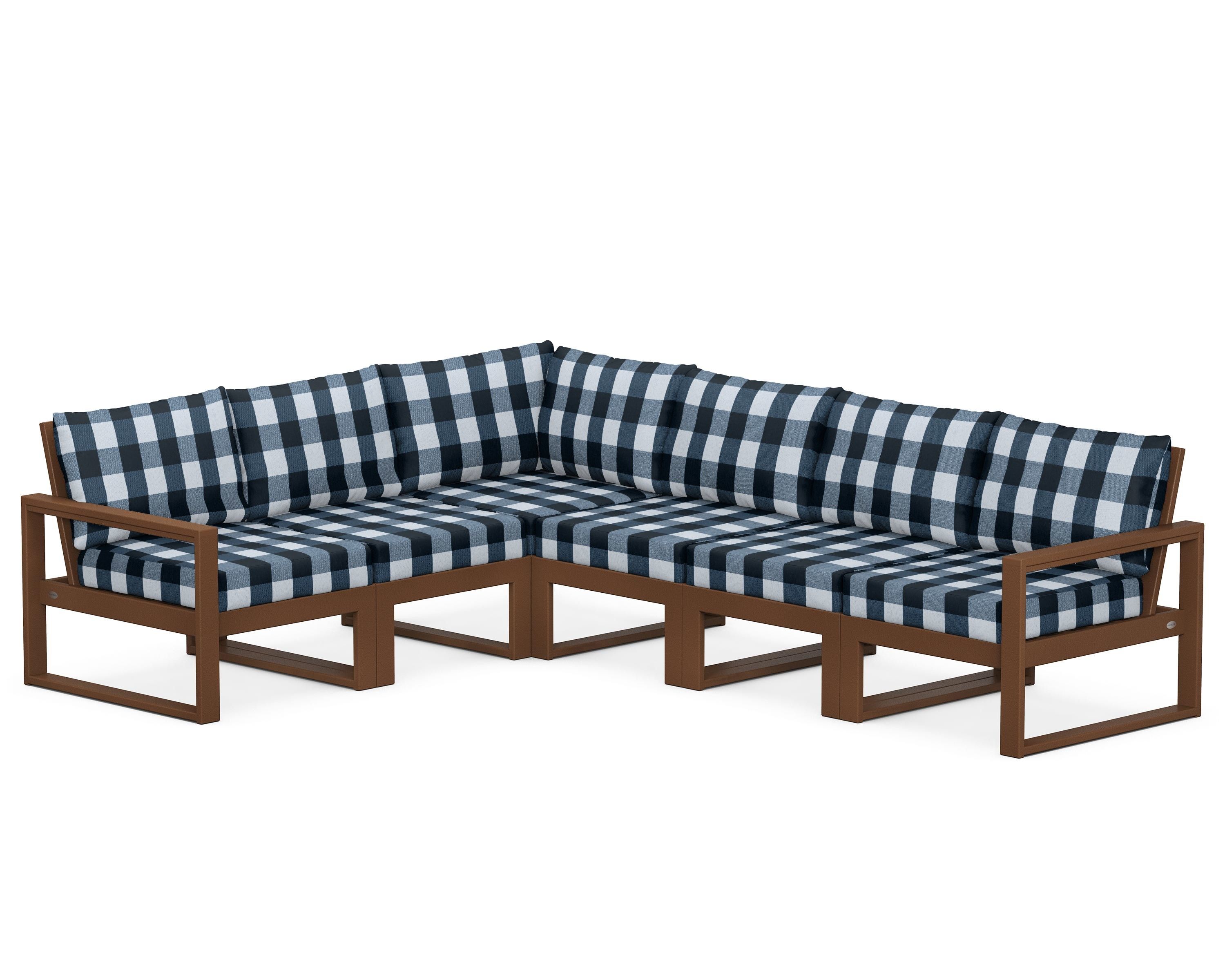 POLYWOOD® EDGE 6-Piece Modular Deep Seating Set in Teak / Buffalo Plaid Marine Indigo