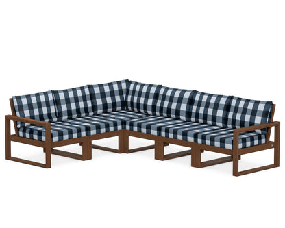 POLYWOOD® EDGE 6-Piece Modular Deep Seating Set in Teak / Buffalo Plaid Marine Indigo