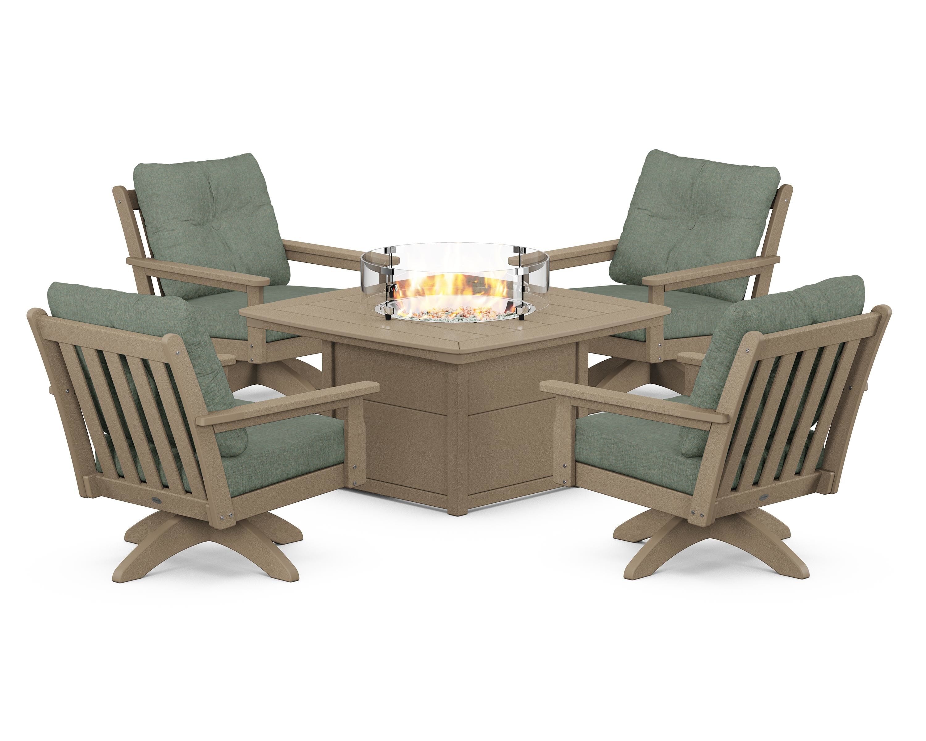 POLYWOOD® Vineyard 5-Piece Deep Seating Swivel Conversation Set with Fire Pit Table in Vintage Sahara / Cast Sage