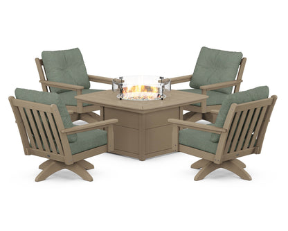 POLYWOOD® Vineyard 5-Piece Deep Seating Swivel Conversation Set with Fire Pit Table in Vintage Sahara / Cast Sage