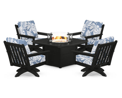 POLYWOOD® Vineyard 5-Piece Deep Seating Swivel Conversation Set with Fire Pit Table in Black / Leaf Sky Blue