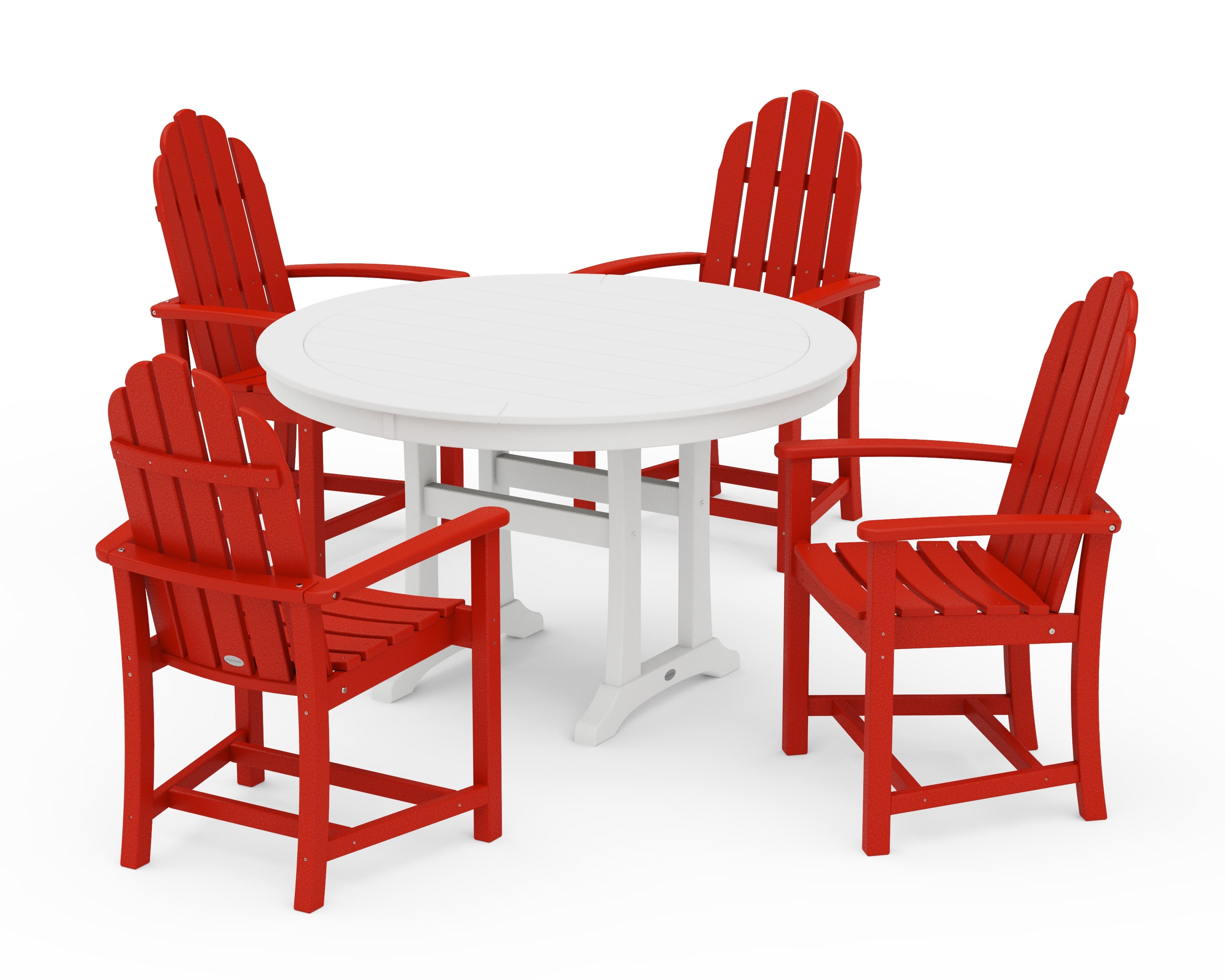 POLYWOOD® Classic Adirondack 5-Piece Round Dining Set with Trestle Legs in Sunset Red / White