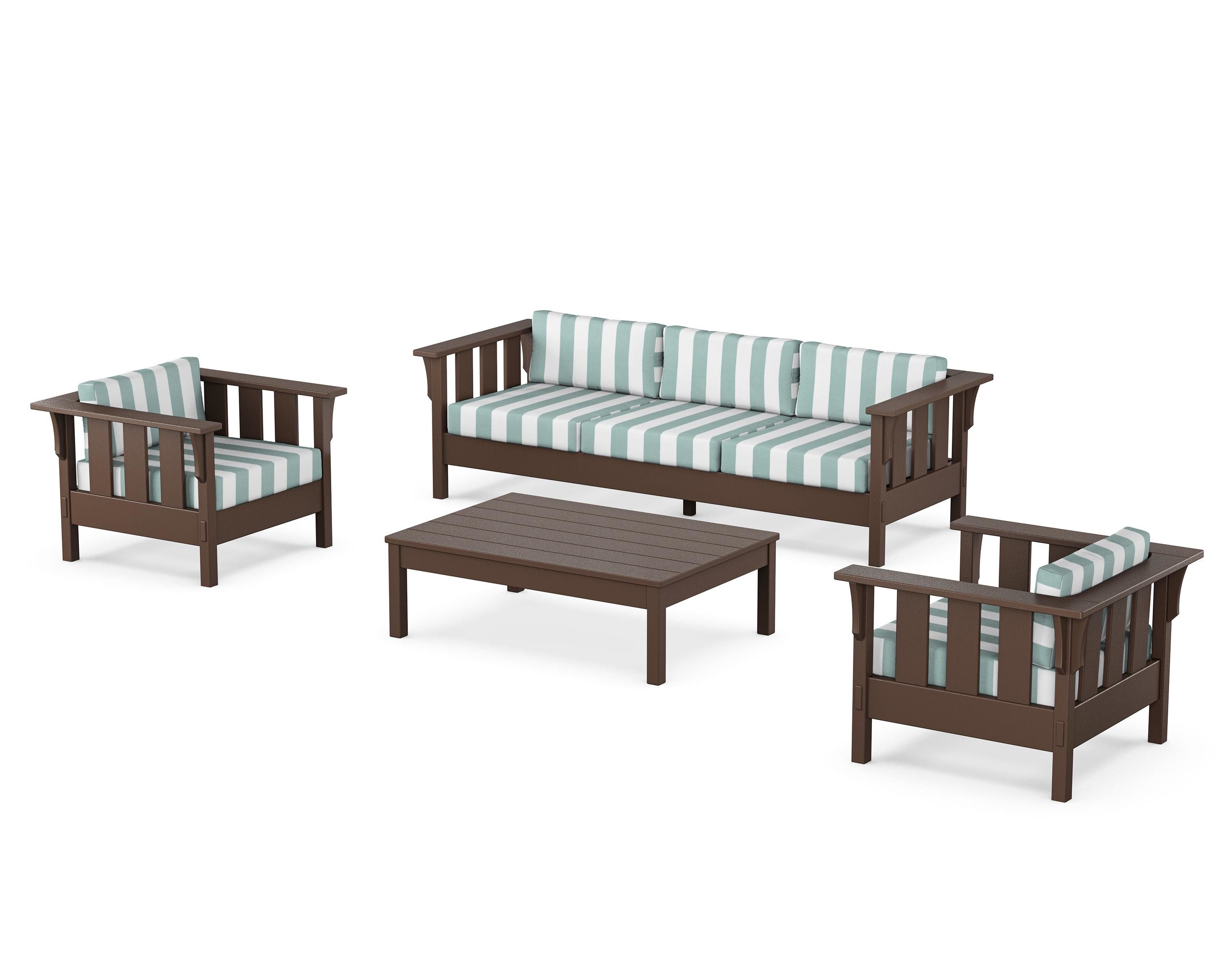 Martha Stewart by POLYWOOD® Acadia 4-Piece Deep Seating Set with Sofa in Mahogany / Cabana Stripe Glacier Spa
