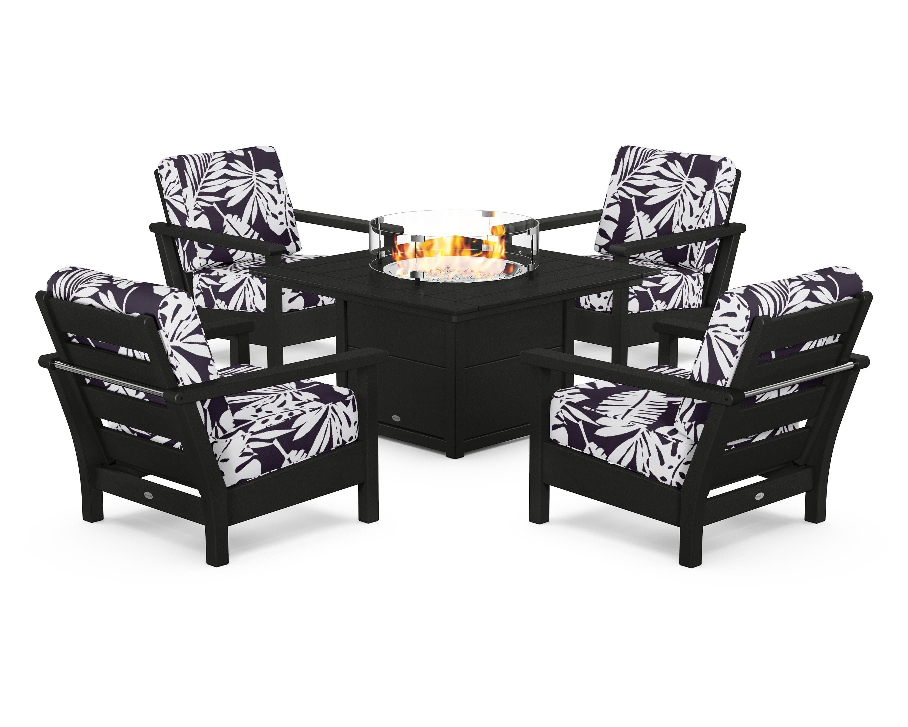 POLYWOOD® Harbour 5-Piece Conversation Set with Fire Pit Table in Black / Leaf Navy