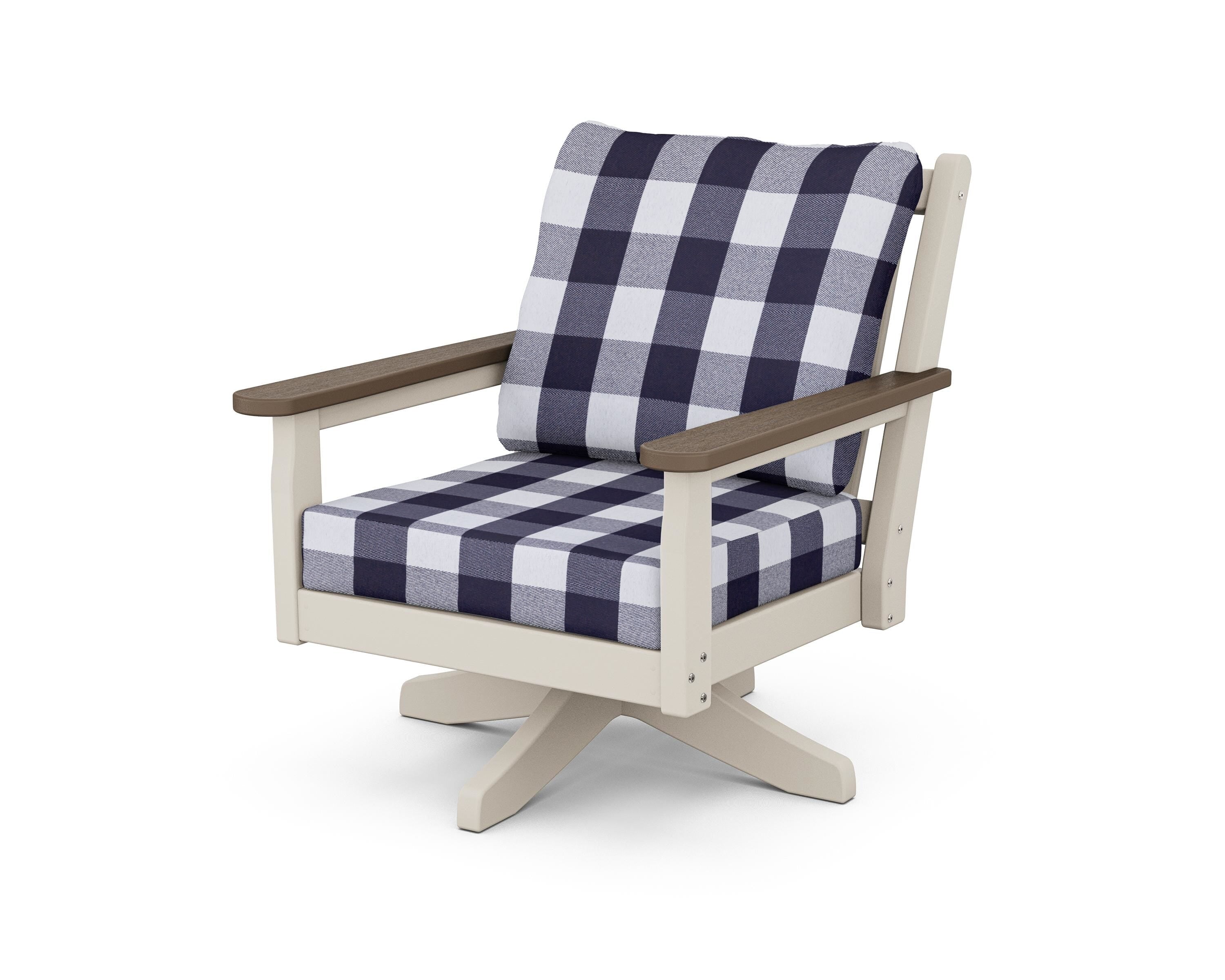 POLYWOOD® Chippendale Deep Seating Swivel Chair in Sand / Kona / Buffalo Plaid Navy