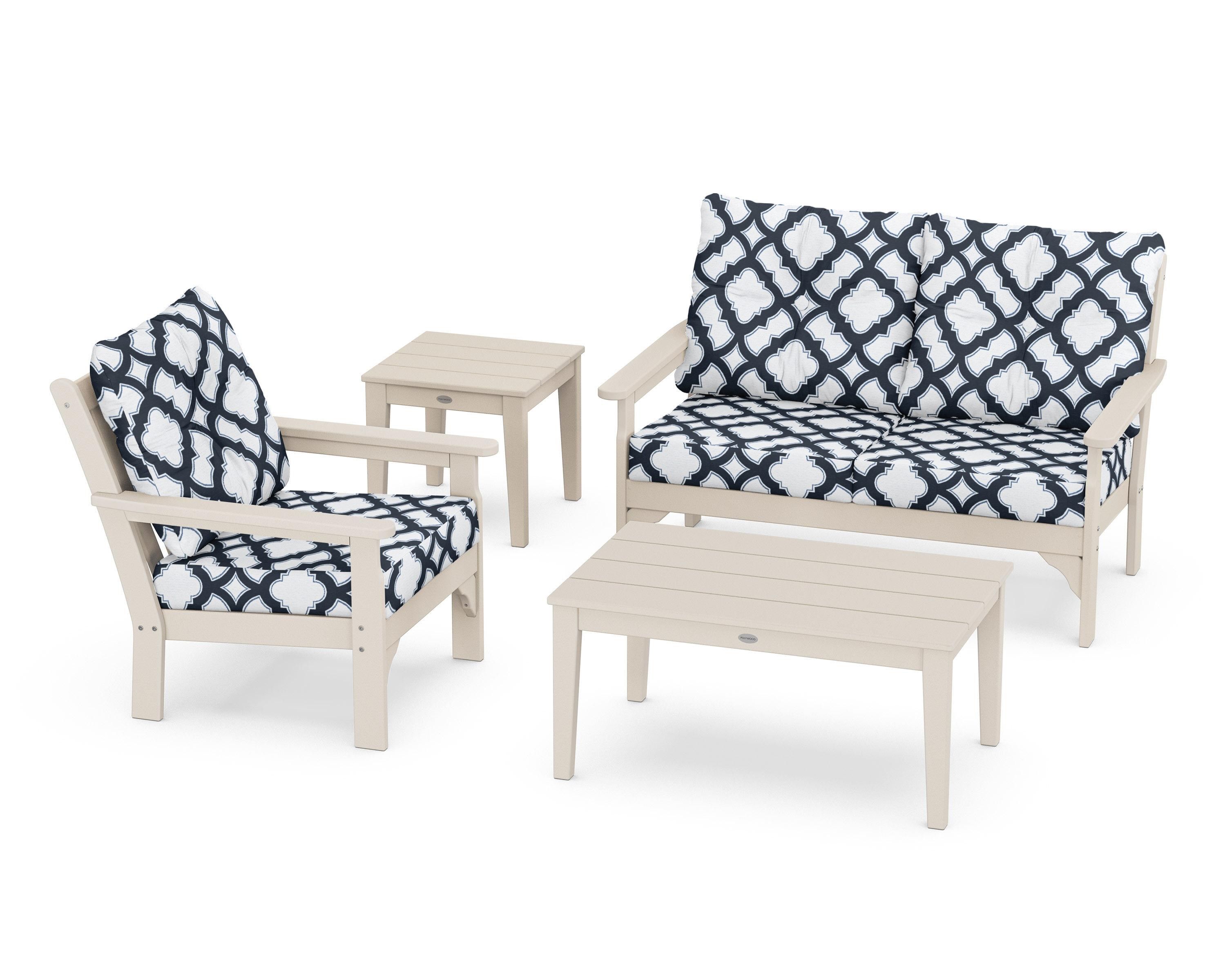 POLYWOOD® Vineyard 4-Piece Deep Seating Set in Sand / Trellis Marine Indigo