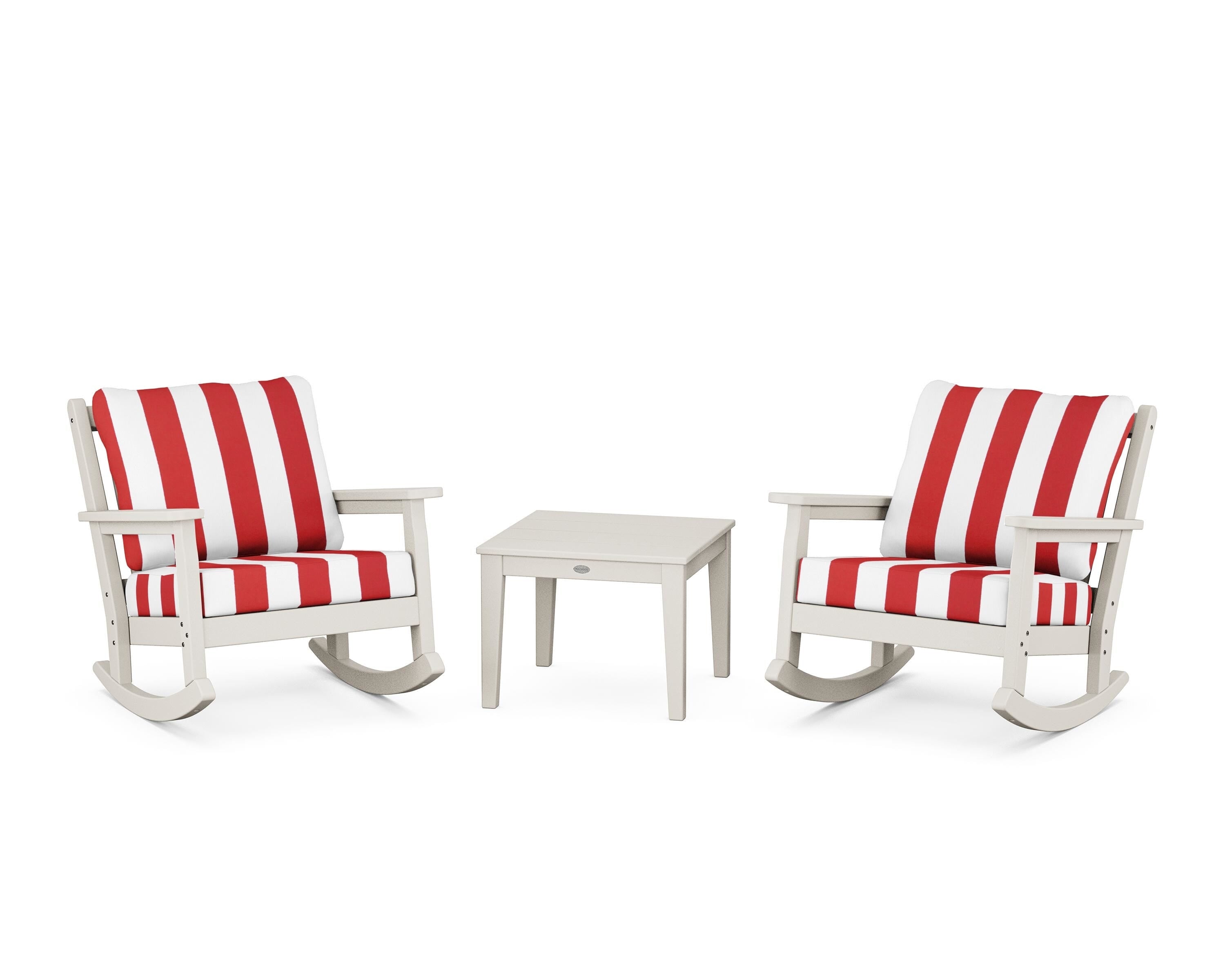 POLYWOOD® Chippendale 3-Piece Deep Seating Rocker Set in Sand / Cabana Stripe Crimson