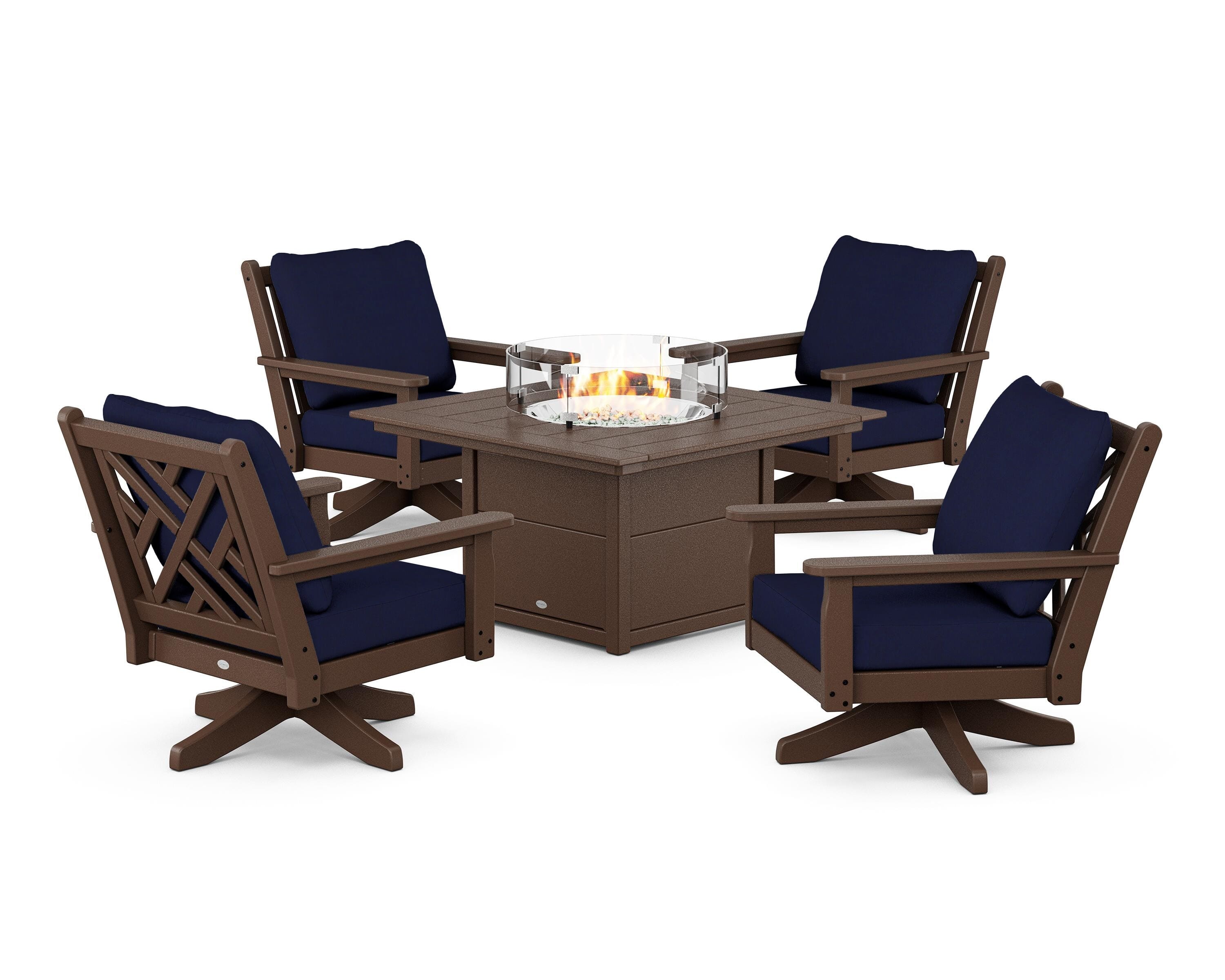 POLYWOOD® Chippendale 5-Piece Deep Seating Swivel Conversation Set with Fire Pit Table in Mahogany / Navy