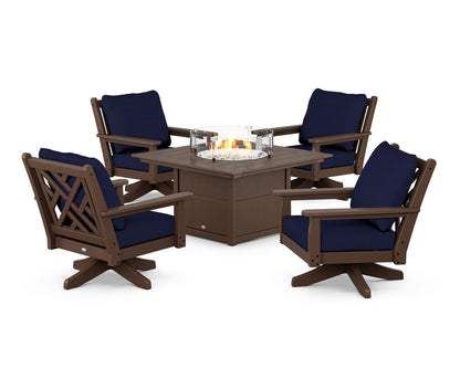 POLYWOOD® Chippendale 5-Piece Deep Seating Swivel Conversation Set with Fire Pit Table in Mahogany / Navy