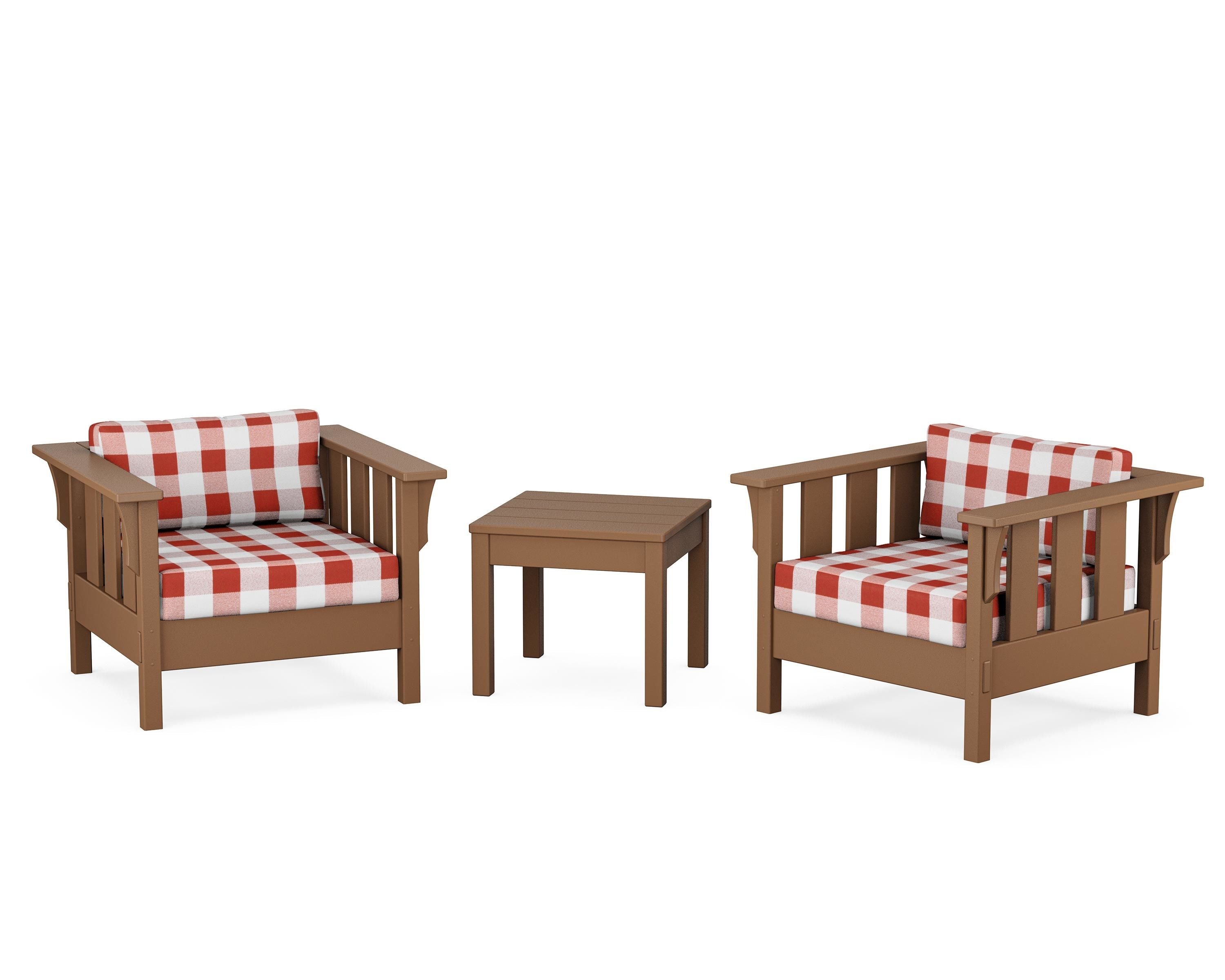 Martha Stewart by POLYWOOD® Acadia 3-Piece Deep Seating Set in Teak / Buffalo Plaid Crimson