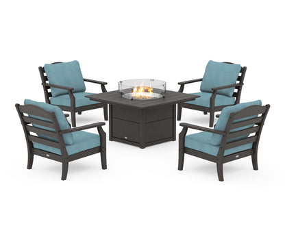 Draper James™ by  POLYWOOD® Savannah 5-Piece Deep Seating Set with Fire Pit Table in Vintage Coffee / Lattice Sky Blue