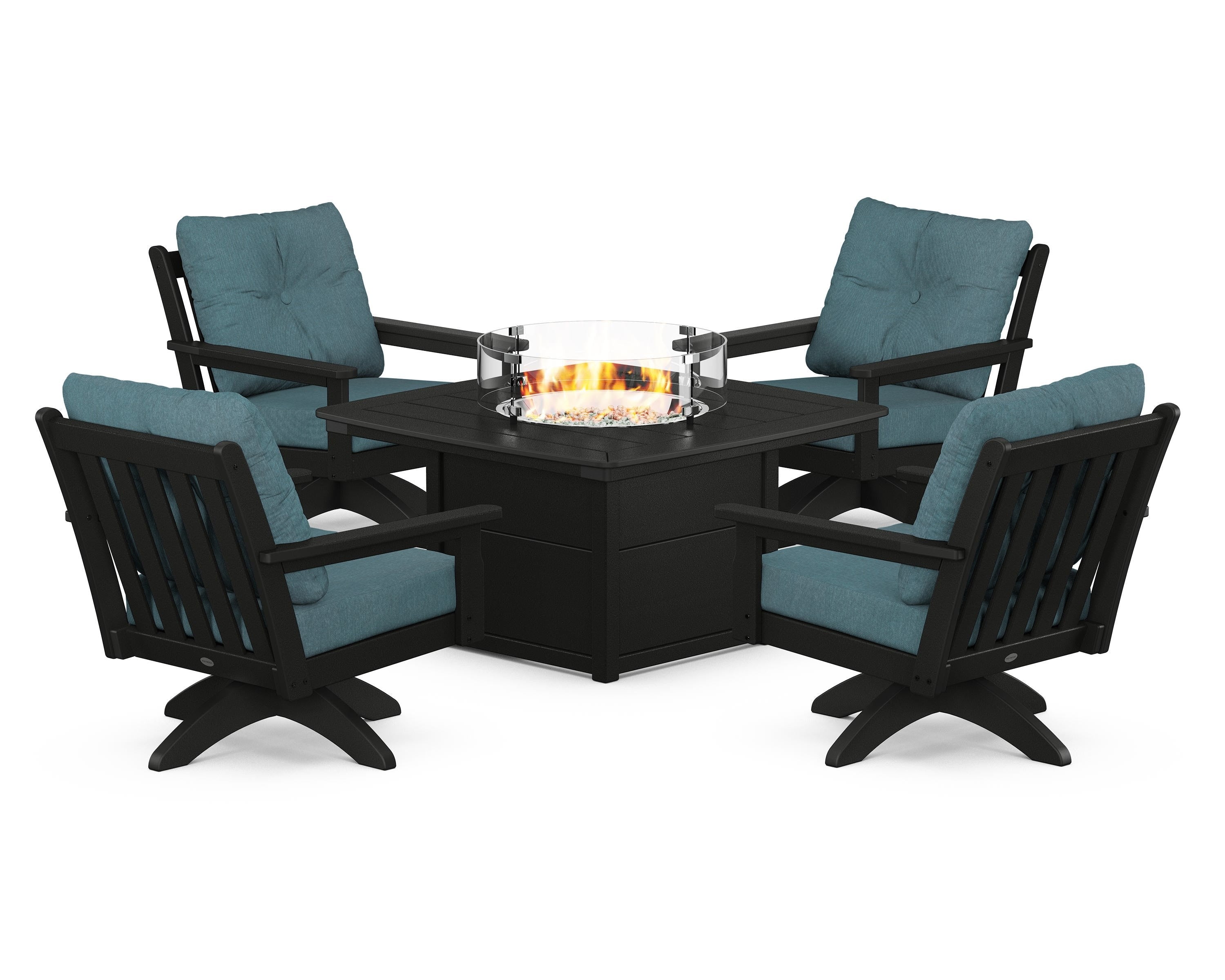 POLYWOOD® Vineyard 5-Piece Deep Seating Swivel Conversation Set with Fire Pit Table in Black / Ocean Teal