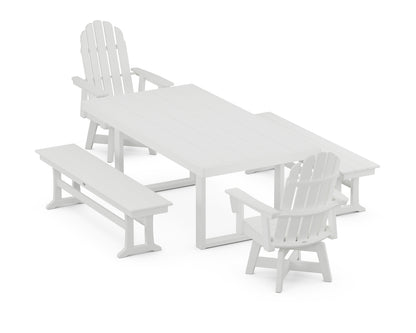 POLYWOOD® Vineyard Curveback Adirondack Swivel Chair 5-Piece Dining Set with Benches in White