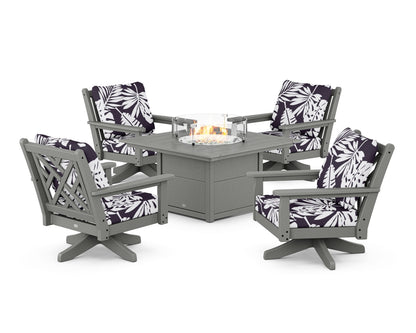 POLYWOOD® Chippendale 5-Piece Deep Seating Swivel Conversation Set with Fire Pit Table in Slate Grey / Leaf Navy