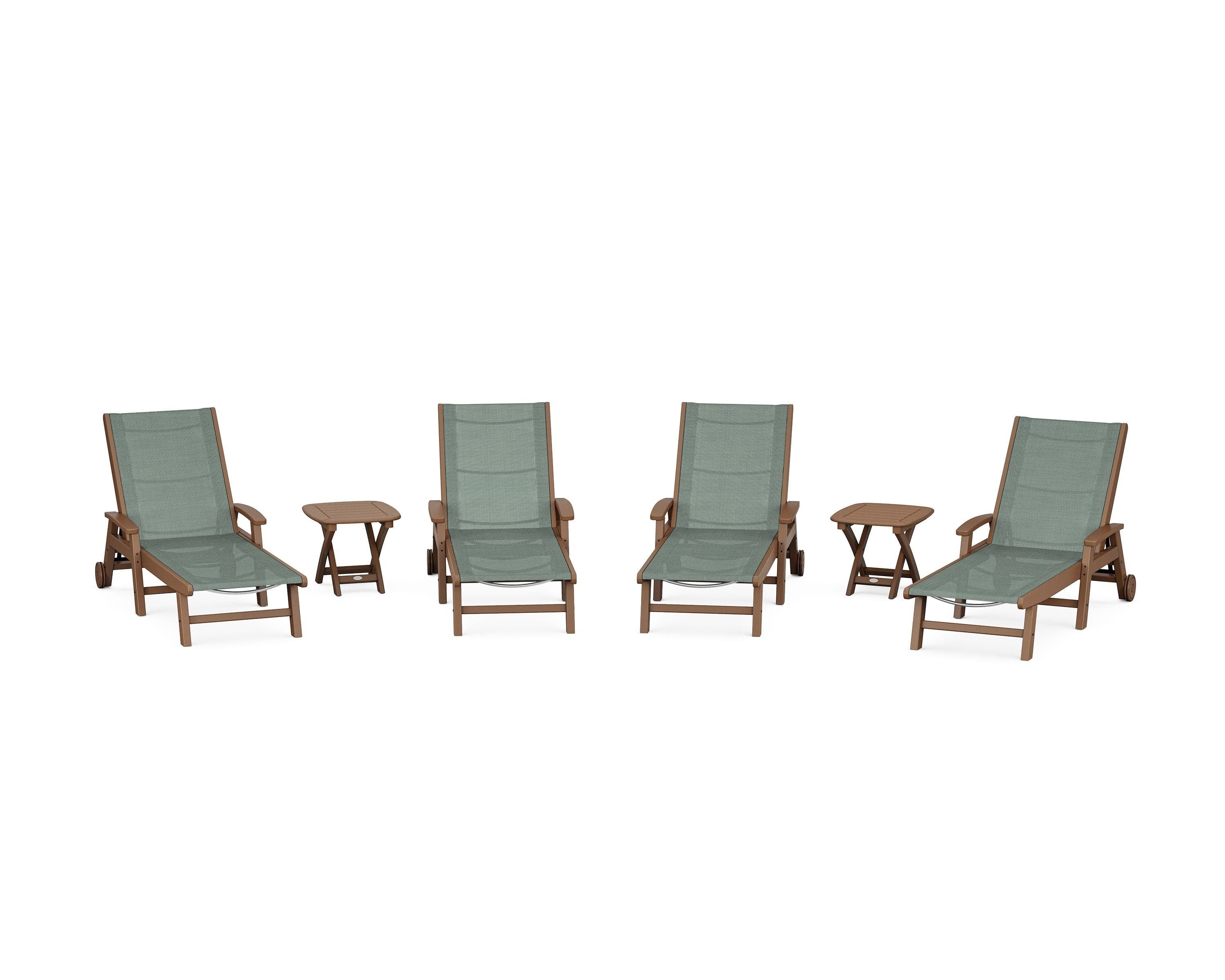 POLYWOOD® Coastal Chaise 6-Piece Set with Wheels in Teak / Dupioni Sea Mist Sling
