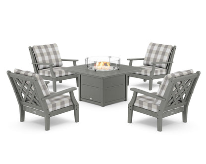 Country Living Wovendale 5-Piece Deep Seating Set with Fire Pit Table in Slate Grey / Buffalo Plaid Grey Mist