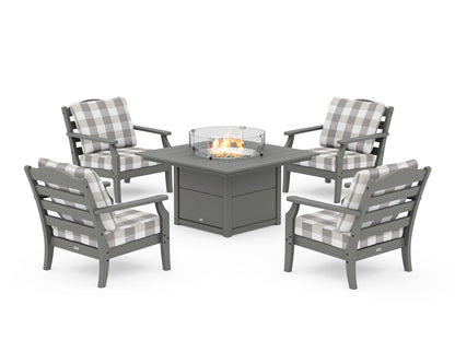 Draper James™ by  POLYWOOD® Savannah 5-Piece Deep Seating Set with Fire Pit Table in Slate Grey / Buffalo Plaid Grey Mist