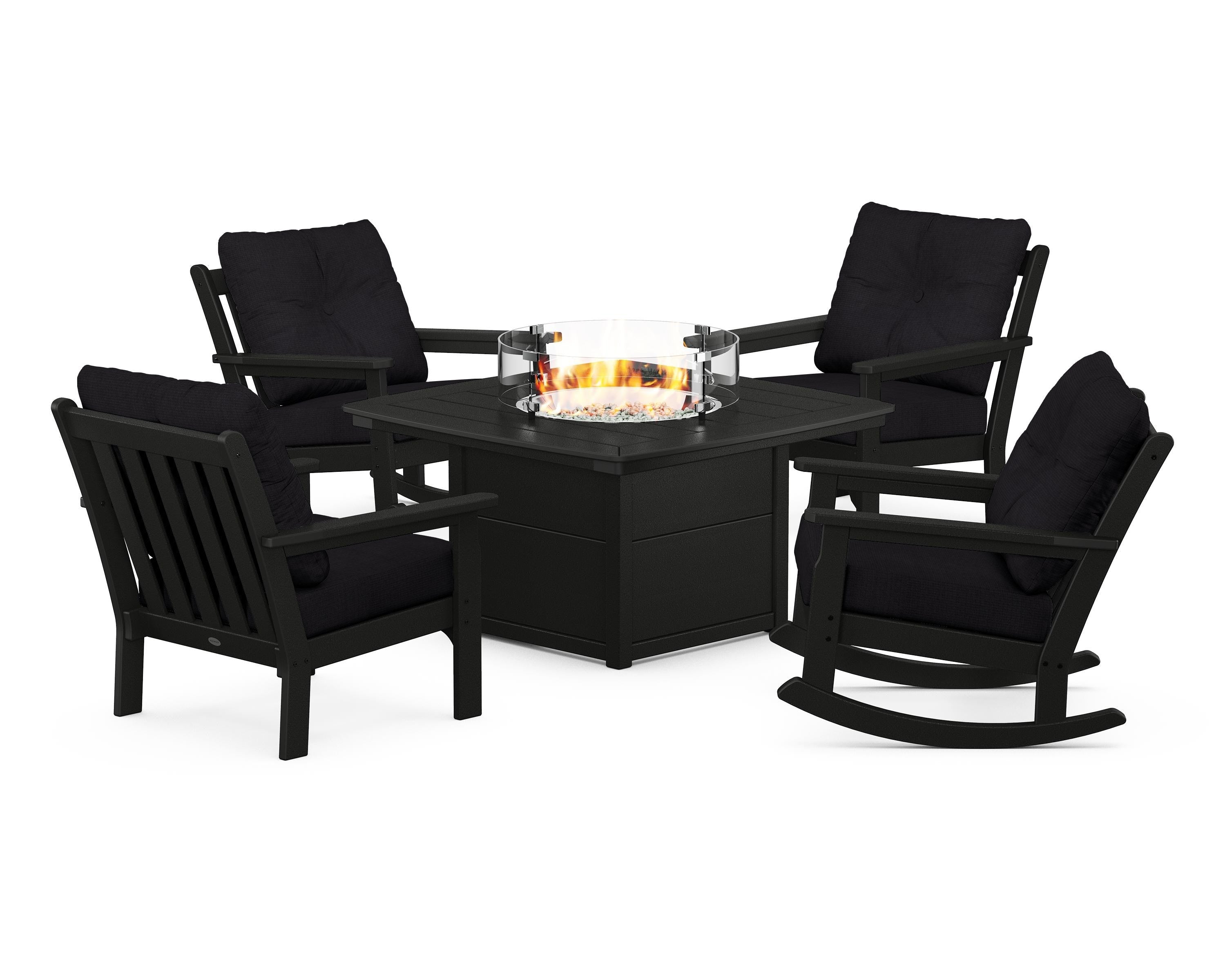 POLYWOOD® Vineyard 5-Piece Deep Seating Rocking Chair Conversation Set with Fire Pit Table in Black / Midnight Linen