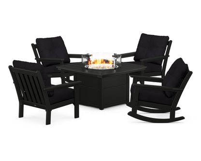 POLYWOOD® Vineyard 5-Piece Deep Seating Rocking Chair Conversation Set with Fire Pit Table in Black / Midnight Linen