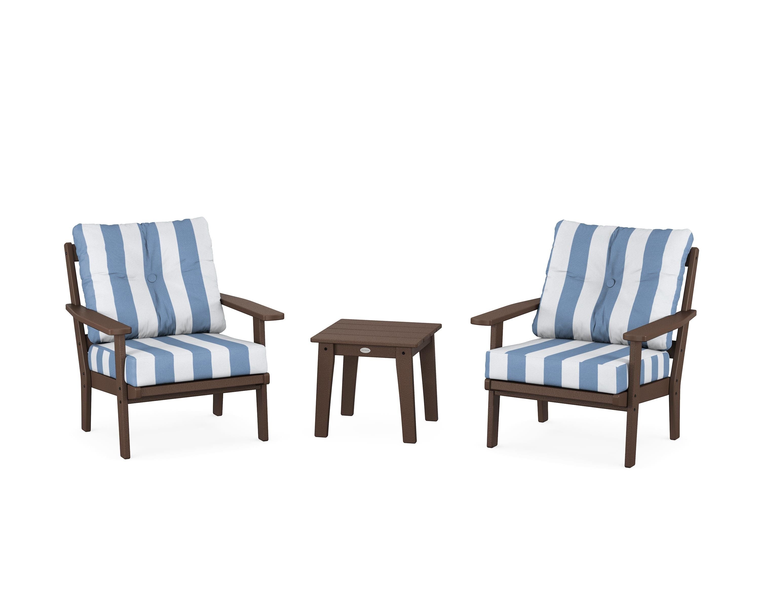POLYWOOD® Oxford 3-Piece Deep Seating Set in Mahogany / Cabana Stripe Sky Blue