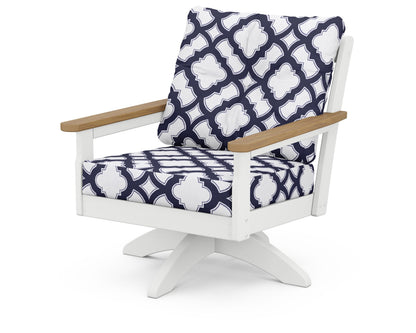 POLYWOOD® Vineyard Deep Seating Swivel Chair in White / Natural / Trellis Navy