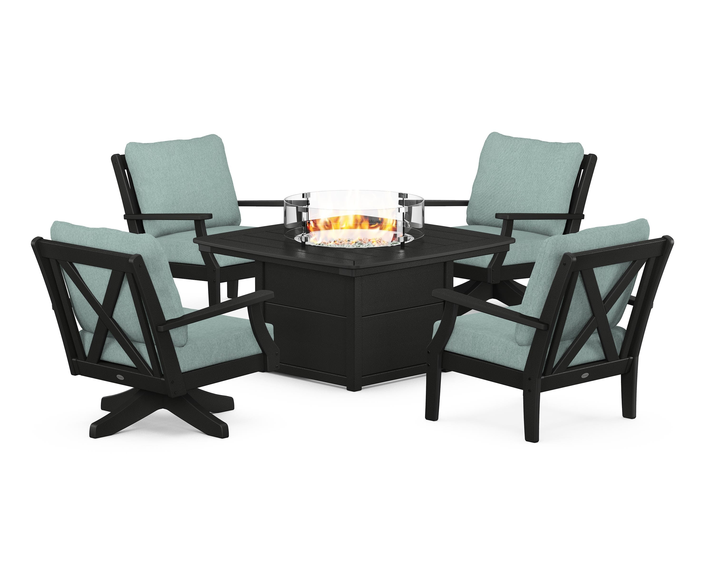POLYWOOD® Braxton 5-Piece Deep Seating Set with Fire Table in Black / Glacier Spa