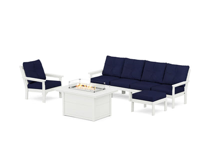 POLYWOOD® Vineyard Sectional Lounge and Fire Pit Set in Vintage White / Navy