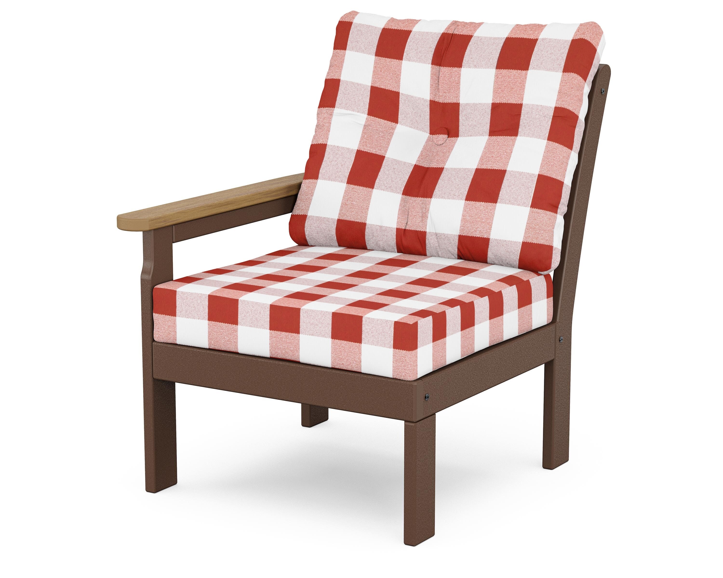 POLYWOOD® Vineyard Modular Left Arm Chair in Mahogany / Natural / Buffalo Plaid Crimson