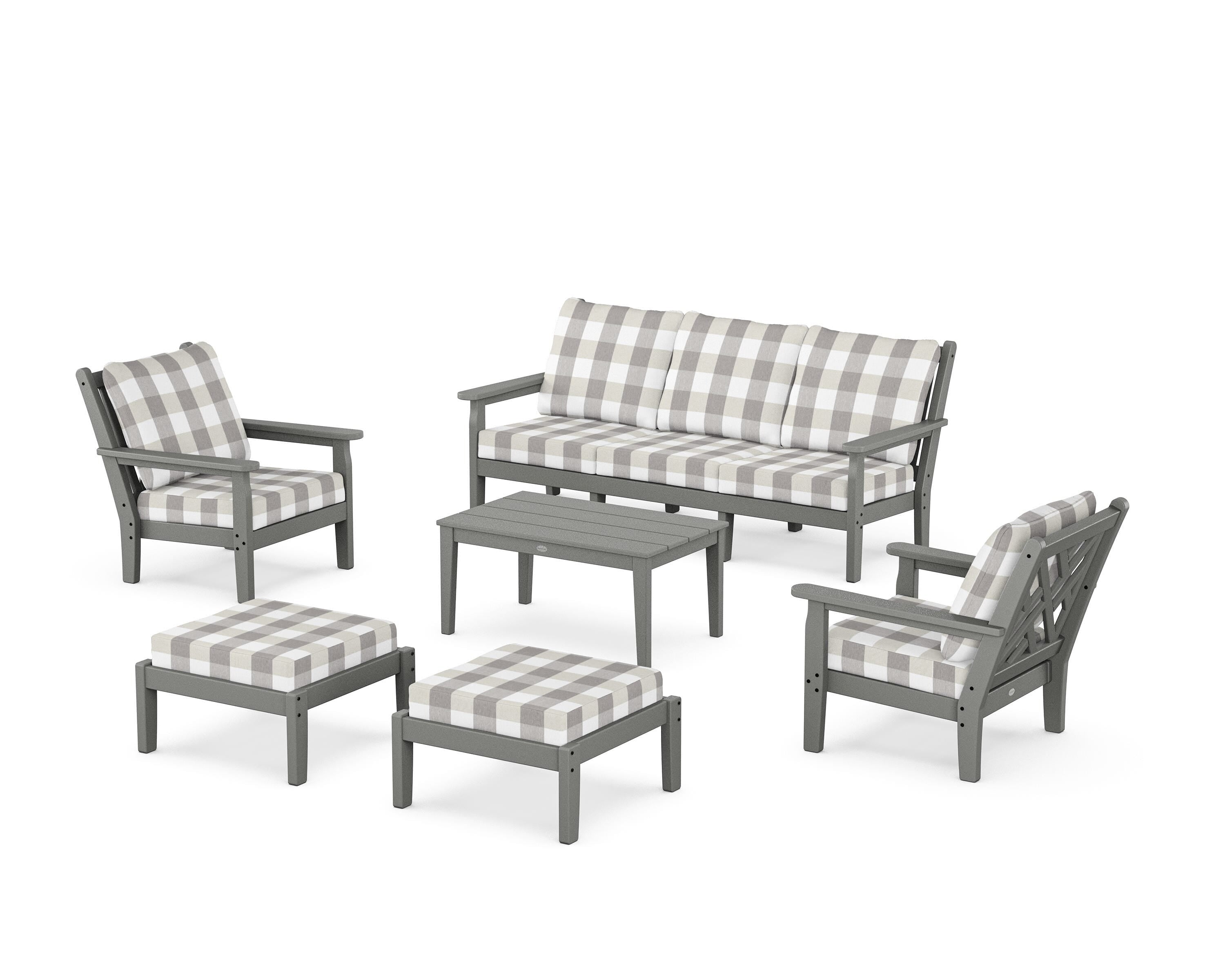 POLYWOOD® Chippendale 6-Piece Lounge Sofa Set in Slate Grey / Buffalo Plaid Grey Mist