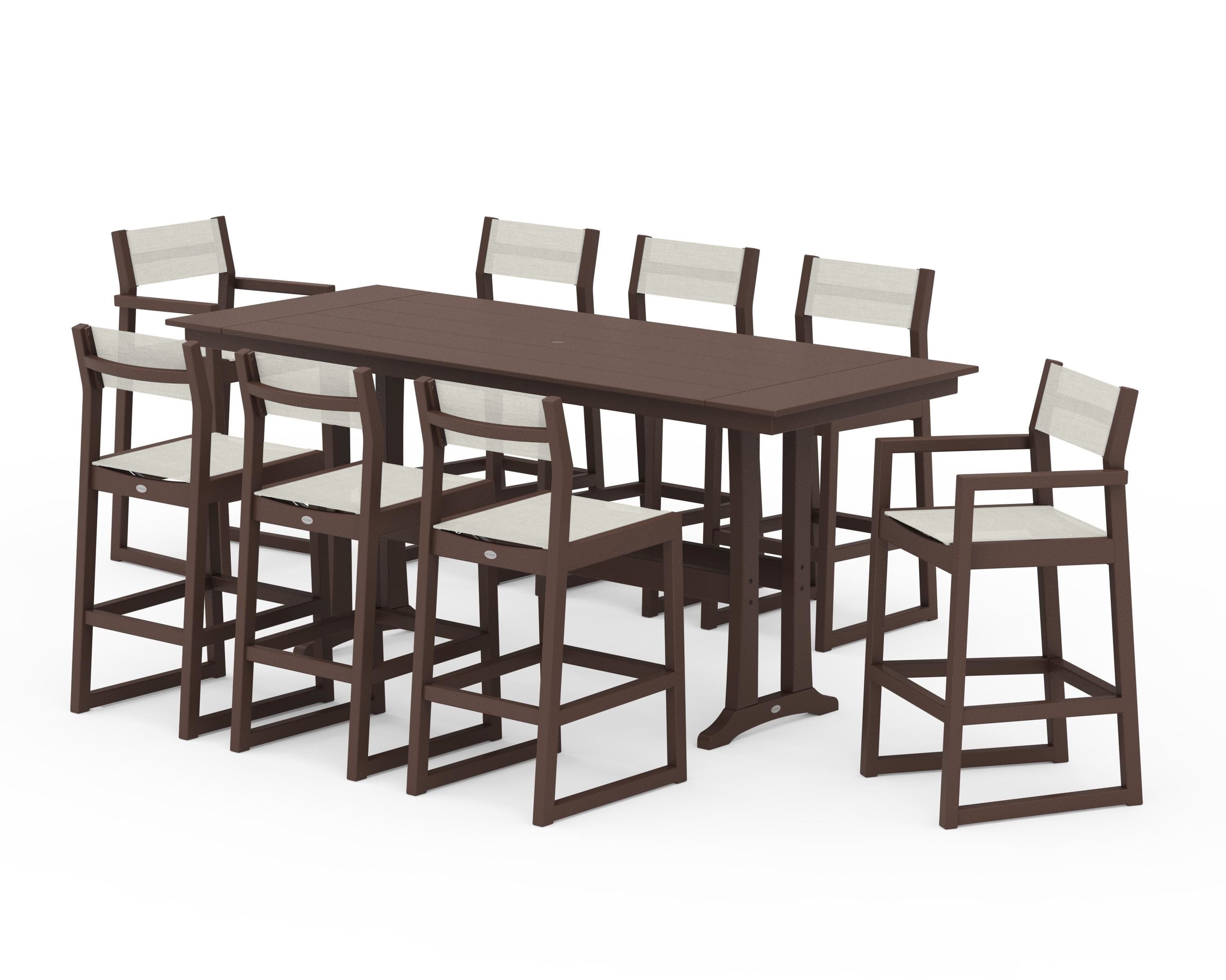 POLYWOOD® EDGE Sling 9-Piece Farmhouse Bar Set with Trestle Legs in Mahogany / Parchment Sling