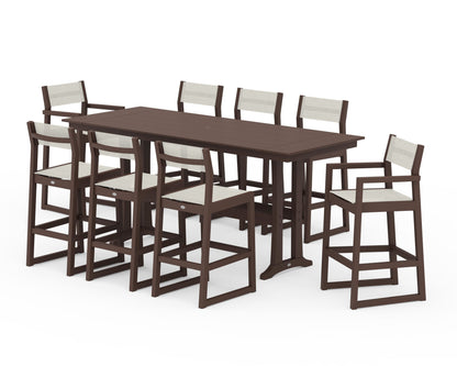 POLYWOOD® EDGE Sling 9-Piece Farmhouse Bar Set with Trestle Legs in Mahogany / Parchment Sling