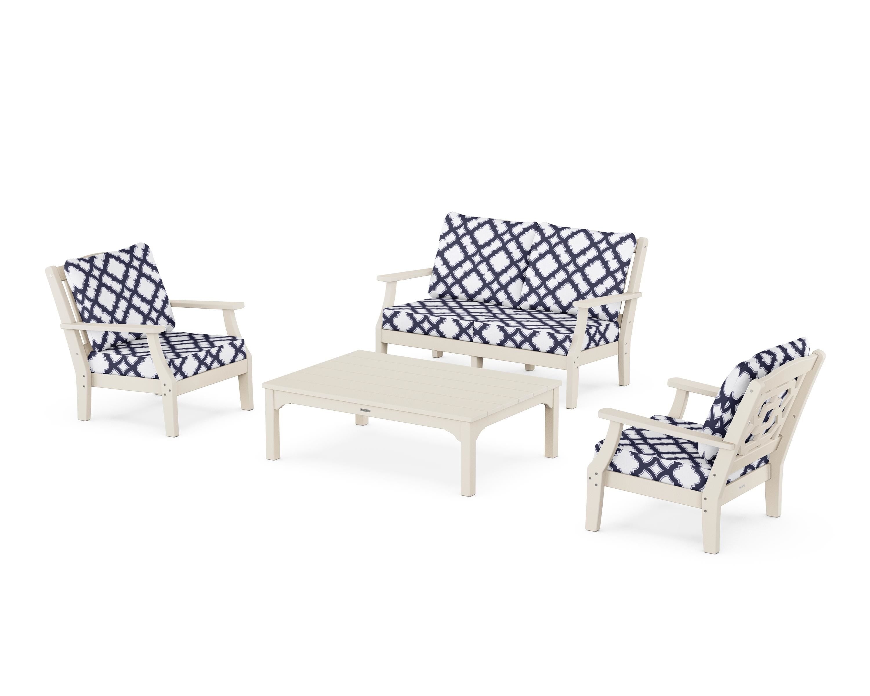 Martha Stewart by POLYWOOD® Chinoiserie 4-Piece Deep Seating Set with Loveseat in Sand / Trellis Navy