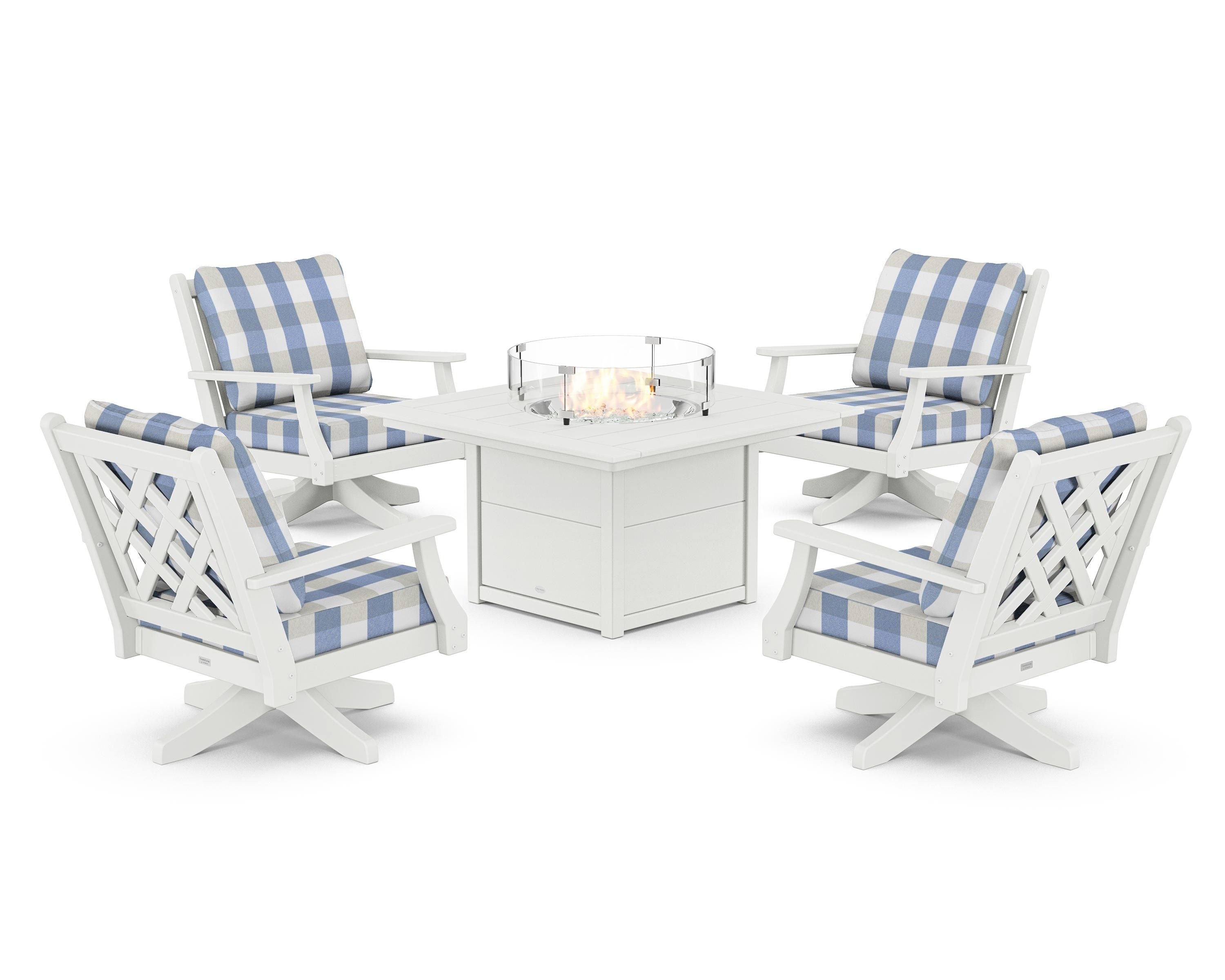 Country Living Wovendale 5-Piece Deep Seating Swivel Conversation Set with Fire Pit Table in White / Buffalo Plaid Sky Blue