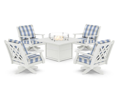 Country Living Wovendale 5-Piece Deep Seating Swivel Conversation Set with Fire Pit Table in White / Buffalo Plaid Sky Blue