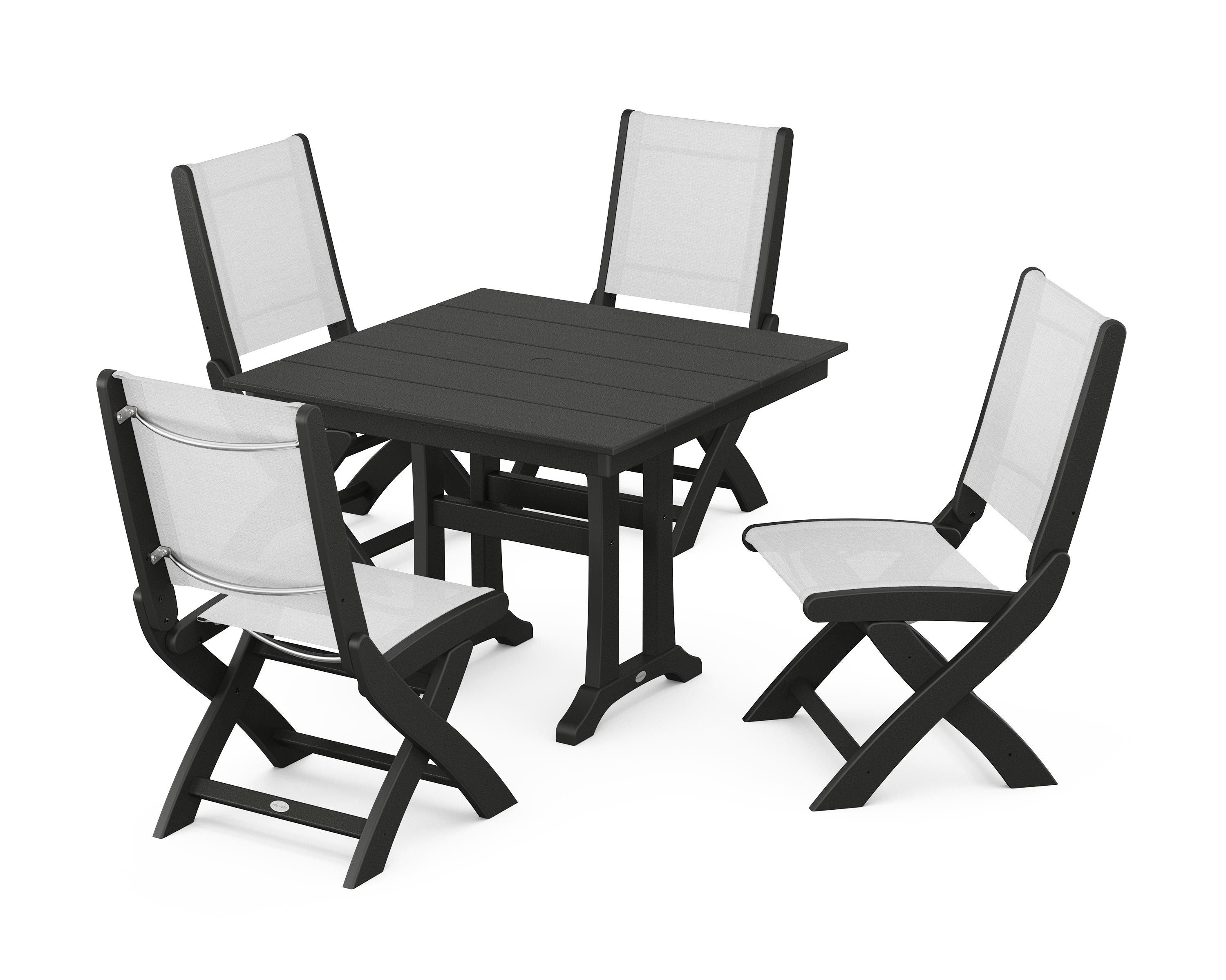 POLYWOOD® Coastal Folding Side Chair 5-Piece Farmhouse Dining Set With Trestle Legs in Black / White Sling
