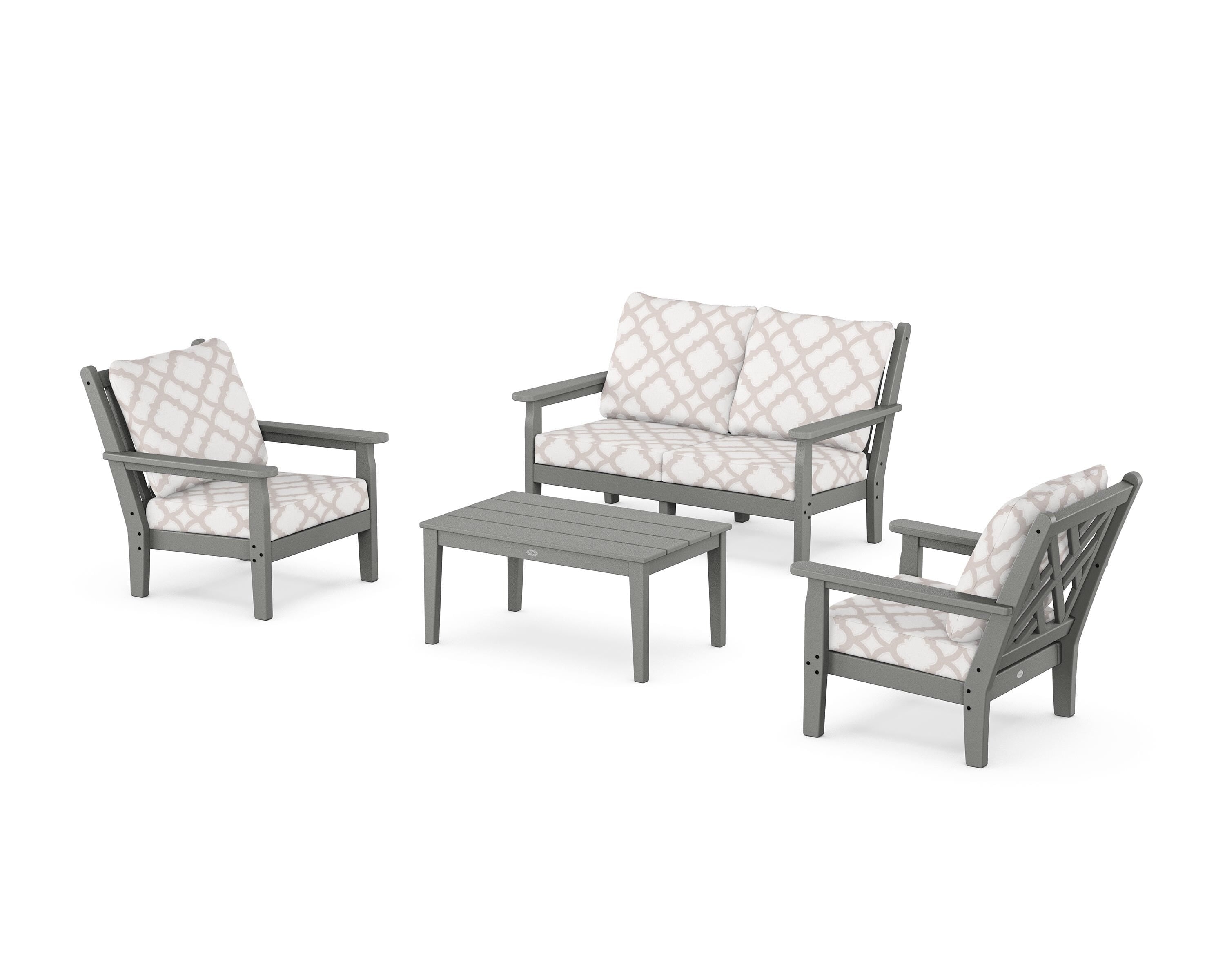 POLYWOOD® Chippendale 4-Piece Deep Seating Set with Loveseat in Slate Grey / Trellis Dune Burlap