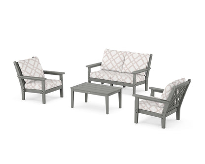 POLYWOOD® Chippendale 4-Piece Deep Seating Set with Loveseat in Slate Grey / Trellis Dune Burlap