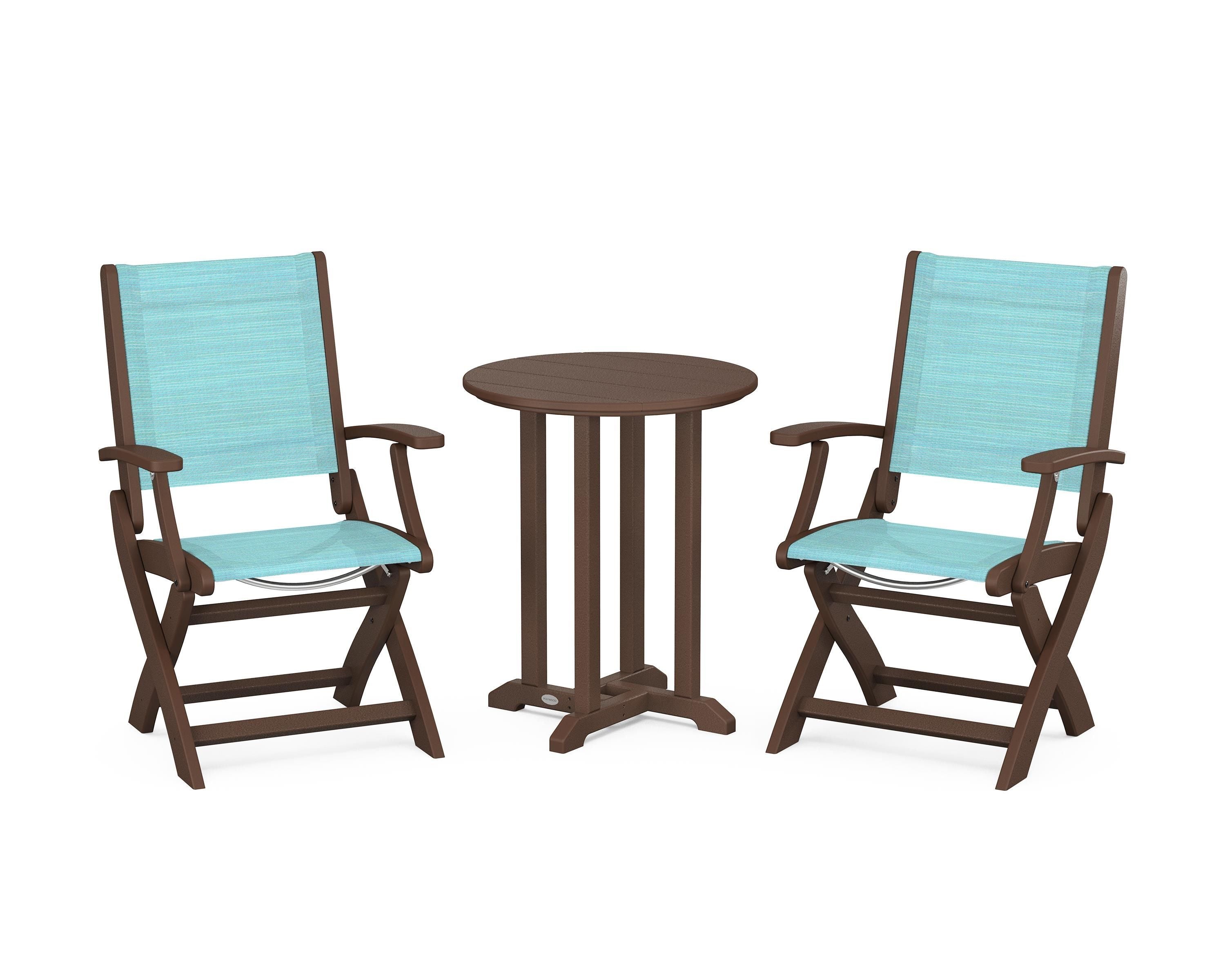 POLYWOOD® Coastal Folding 3-Piece Round Bistro Dining Set in Mahogany / Dupioni Aquamarine Sling