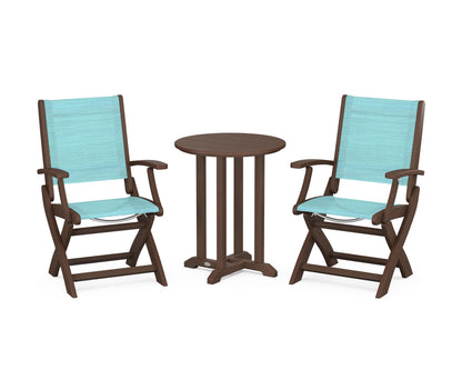 POLYWOOD® Coastal Folding 3-Piece Round Bistro Dining Set in Mahogany / Dupioni Aquamarine Sling