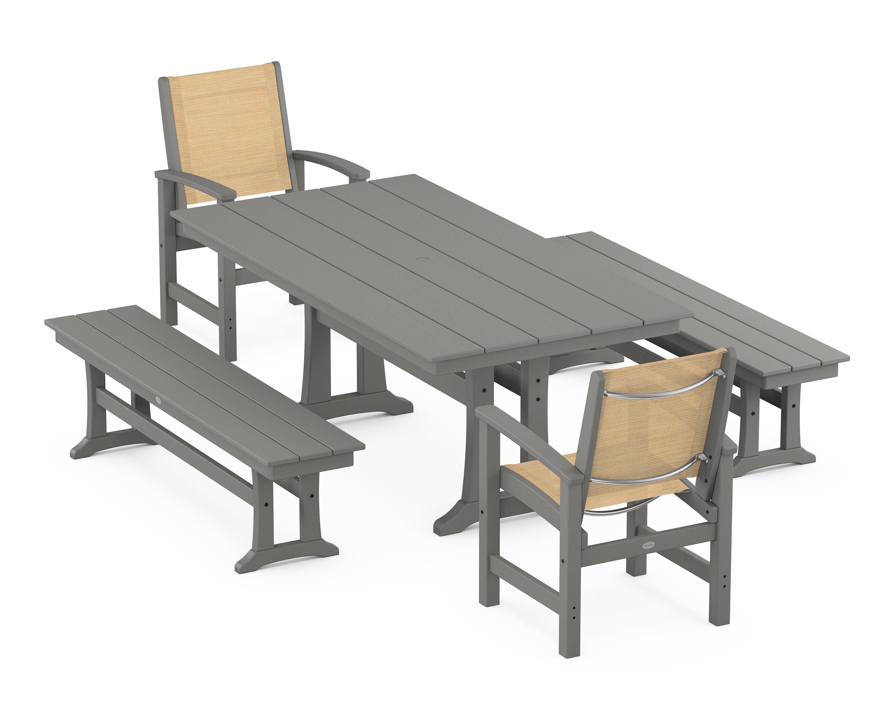 POLYWOOD® Coastal 5-Piece Farmhouse Dining Set with Trestle Legs and Benches in Slate Grey / Dupioni Apricot Sling