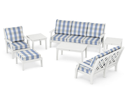 Country Living Wovendale 7-Piece Deep Seating Set in White / Buffalo Plaid Sky Blue